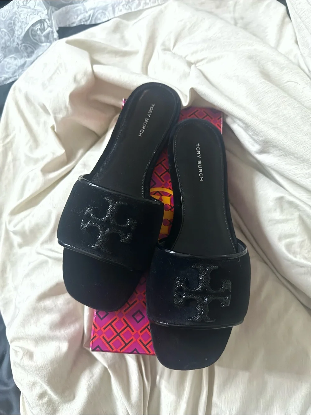 Tory Burch Black Velvet Slide Sandals with Logo Strap
